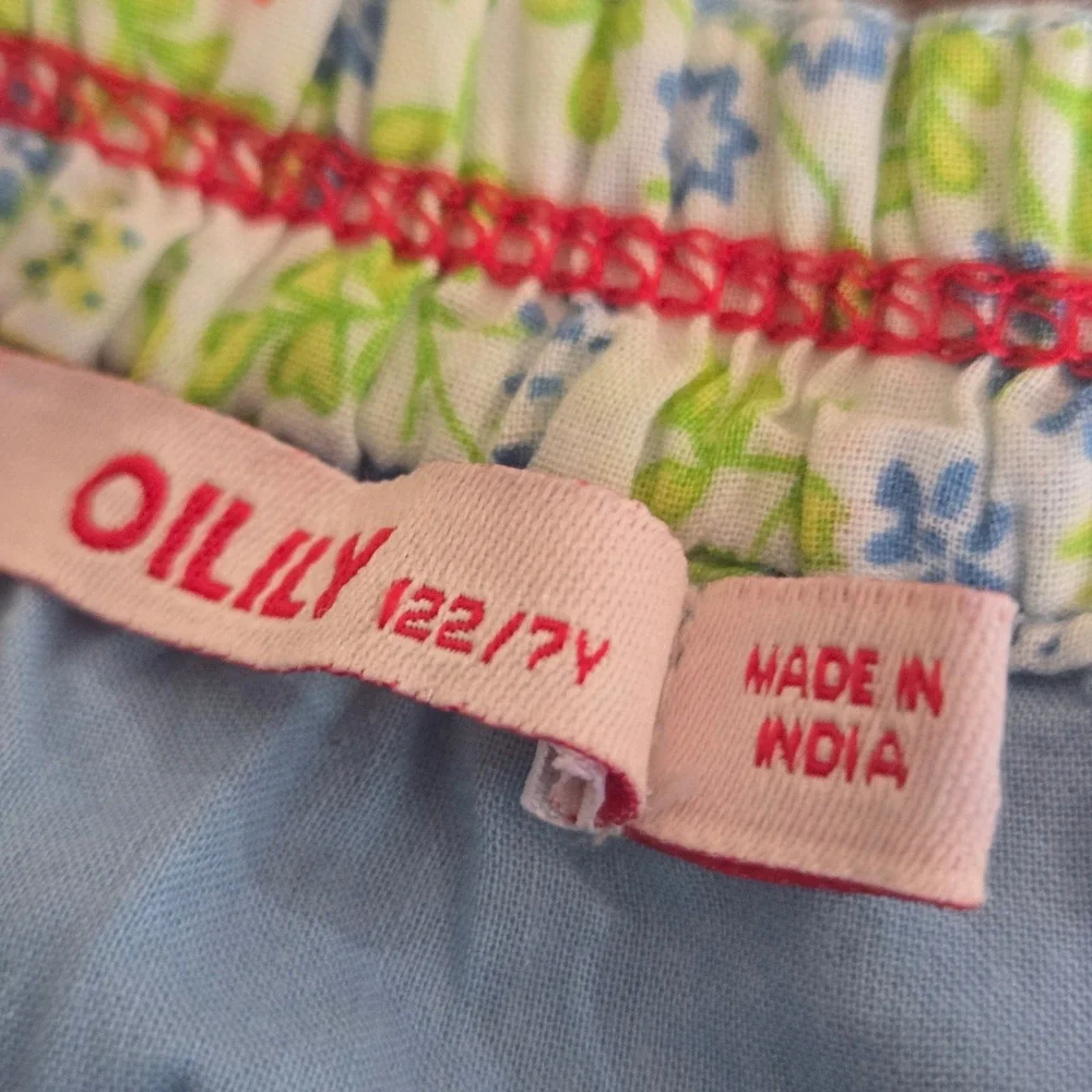 Oilily Girls Blue Floral Gingham Tiered Skirt Cotton Rick Rack Trim Size 7Y 122